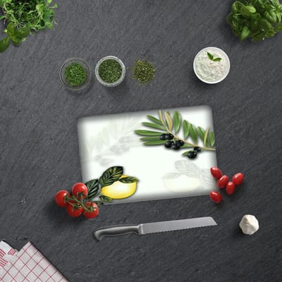 Olijven en Citroen Tempered Glas Snijplank 20cm x 30cm - Glassnijplank