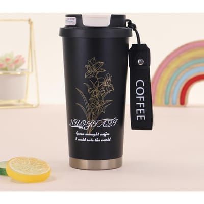 Nouvelle tasse isotherme en acier inoxydable de haute qualité, avec motif de cloche et de fleur, portable, double tasse à café, grande capacité, avec paille 500ml
