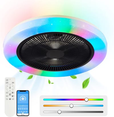 LuxiLamps - Moderne RGB Plafondventilator - Smart Lamp - 8 Kleuren - Dimbaar Met Afstandsbediening & APP - 50 cm - Zwart - Woonkamer Lamp