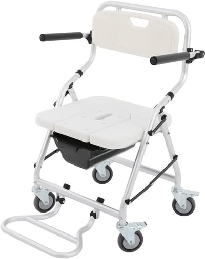 Toiletstoel met wieltjes - Verrijdbare commode - Mobiele ondersteuning - Afneembare rugleuning - 150 kg belastbaar - Zilver en wit