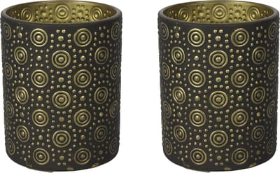 Countryfield Luxe theelichthouder - 2x stuks - Fantasy - glas - zwart/goud - D10 x H12 cm