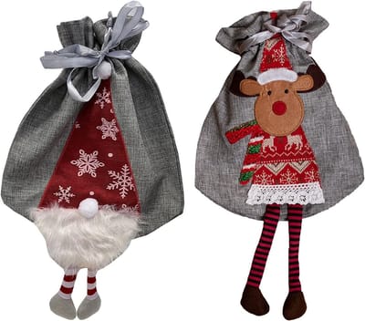 Kerstcadeauzakken Set - Feestelijke Tasjes - Cadeaus Inpakken - Herbruikbaar Materiaal - 30 x 25 cm - Grijs Rood Wit