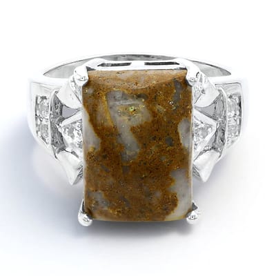 Cavill - Zilveren ring 925 sterling zilver - 6,15 ct Dinosauruskwarts baguette-cabochon - 0,16 ct Witte topaas pavé - Unieke edelsteenring