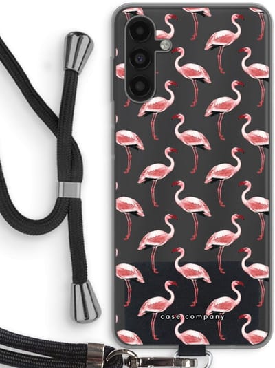 Case Company® - Hoesje met koord geschikt voor Samsung Galaxy A04s hoesje met Koord - Flamingo - Telefoonhoesje met Zwart Koord - Bescherming aan alle Kanten en Over de Schermrand