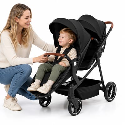 Sensova Dubbele Kinderwagen voor Tweelingen en Duo’s – Opvouwbare Duo Buggy met Zitten en Liggen, Afzonderlijk Verstelbare Zitjes, Schokdemping, Reiswiegfunctie, Luxe Duwstang en Comfort vanaf de Geboorte tot 22 kg per Zitje
