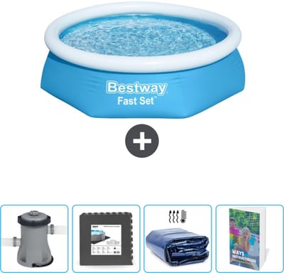 Bestway Rond Opblaasbaar Fast Set Zwembad - 244 x 61 cm - Blauw - Inclusief Pomp Vloertegels - Solarzeil - Zwembadgids