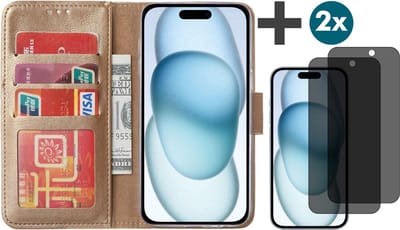 Hoesje met Privacy Screenprotectors 2 Stuks Geschikt voor iPhone 15 Plus – Arara bookcase met pasjeshouder - Goud