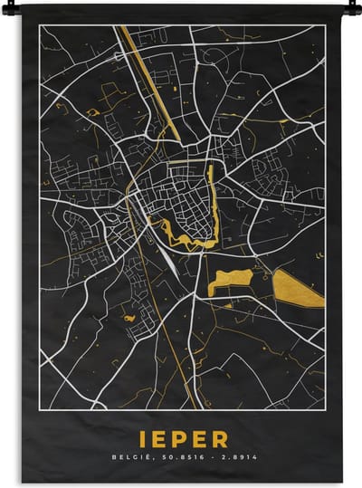 Wandkleed - Wanddoek - Ieper - Plattegrond - Kaart - Stadskaart - Goud - 120x180 cm - Wandtapijt