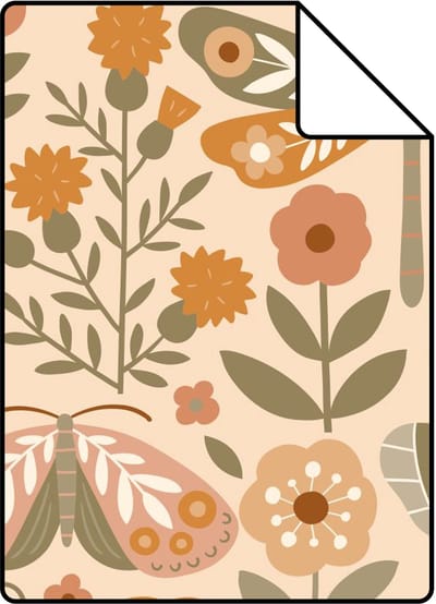 Proefstaal ESTAhome behang bloemen & vlinders oranje en groen - 26.5 x 21 cm - 131885-S