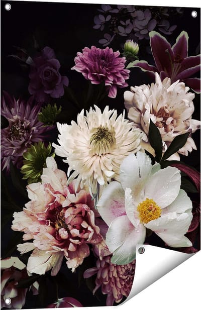 Gards Tuinposter Diverse Bloemen op Zwart Achtergrond - 60x80 cm - Tuindoek - Tuindecoratie - Wanddecoratie buiten - Tuinschilderij