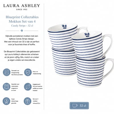 Laura Ashley Blueprint Collectables Mokken set van 4 - Candy Stripe - 32 cl.