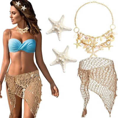 Zomerse zeemeermin accessoires set met zwempak, strandcrochet rok, schelpenketting en haarclips voor themafeesten en vakanties