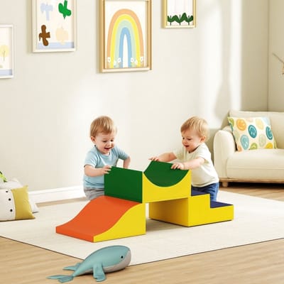 MEUNIQ 3-delige zachte klim- en kruipset voor peuters, 141 x 45,7 x 20,3 cm, softblokken met trap, helling en groef, kunstleer en schuim, geel, voor speelkamer