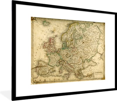 Poster in lijst - Fotolijst 80x60 cm - Posters - Groezelige wereldkaart van Europa - Posterlijst zwart - Decoratie - Wanddecoratie woonkamer - Muurdecoratie slaapkamer