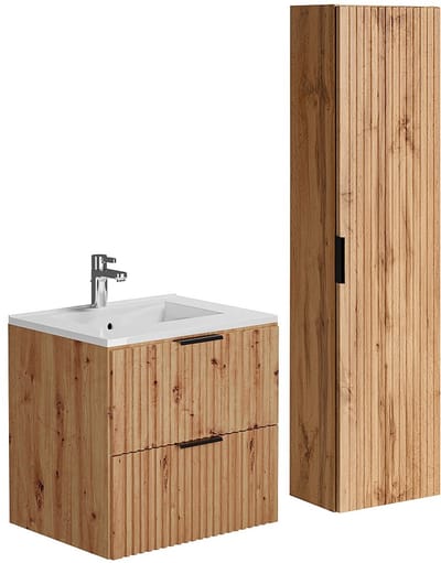 Vente-unique Geribbeld hangmeubel met inbouwwastafel en kolomkast - Lichte houtkleur - 60 cm - ZEVARA