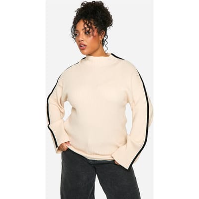 boohoo Dames Plus Gebreide Binding Detail Ronde Hals Oversized Trui | Cream | Maat: 16-18
