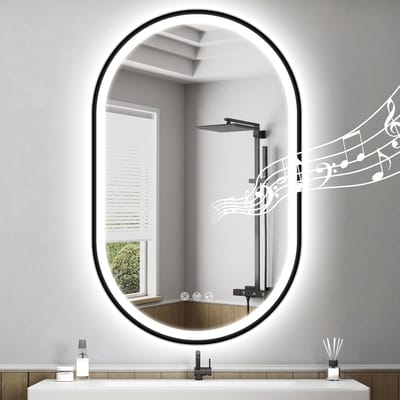 Zwarte ovale badkamerspiegel met verlichting - 80 x 50 cm, Bluetooth, dimbaar, 3 lichtkleuren, anti-condens, sterk gehard glas, IP44