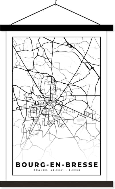 Posterhanger incl. Poster 40x60 cm - Schoolplaat - Stadskaart – Frankrijk – Kaart – Bourg-en-Bresse - Plattegrond - Zwart wit - Textielposter - Zwarte latten - Stadskaart