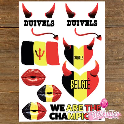 GetGlitterBaby® - Plak Tattoos Voetbal / Tijdelijke Tattoo Sticker / Nep Tatoeage / Gezicht en Lichaam Schmink Versiering - België / Belgische Vlag / Duivels