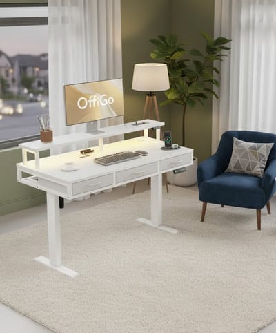 Elevate Elektrisch Verstelbaar Bureau 120x54 cm met Laden, Monitorstandaard, Stopcontacten en LED-licht – Ergonomisch Zit-Sta Bureau Wit A-Furniture