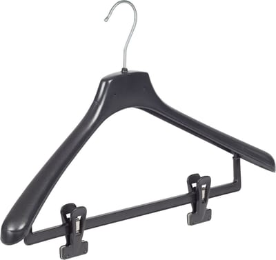 De Kledinghanger Gigant - Mantelhanger - Kostuumhanger - Jassenhanger - Volwassenen - FR46 - 50 Stuks - Kunststof - Zwart - Gebogen Model - Schouderverbreding 3,3 cm - Anti-slip Knijpers - 46 cm - Kledinghanger - Kleerhanger - FR-Serie