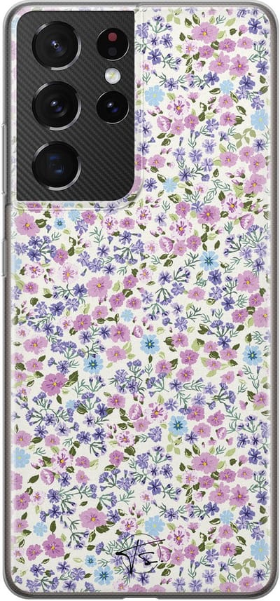 Hoesje geschikt voor Samsung Galaxy S21 Ultra - Paarse bloemen - Soft Case - TPU - Bloemen - Paars - Mooie Telefoonhoesjes