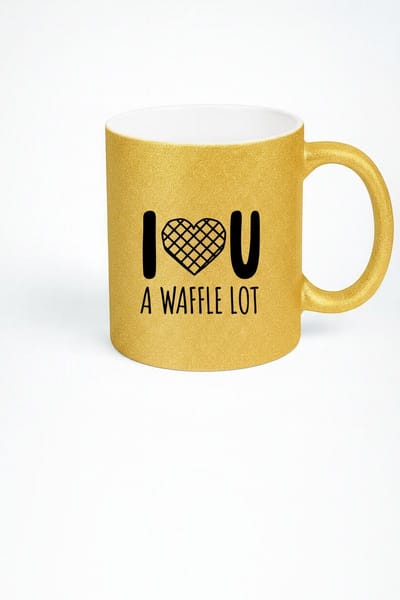 Gouden Glitter Mok 'I  U A WAFFLE LOT' met Wafelhart - Grappig Liefdes Cadeau Beker