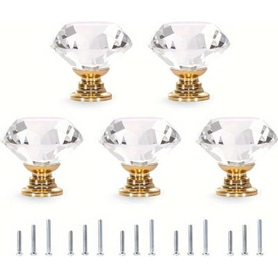 5/10 stuks 30MM kristalheldere glazen ladekastknoppen, goudkleurige imitatiediamant ladeknoppen (Enkel gat met drie schroeven van verschillende grootte) 5pcs