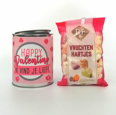Valentijn - cadeau blik vruchtenhartjes "Happy Valentine" ik vind je lief