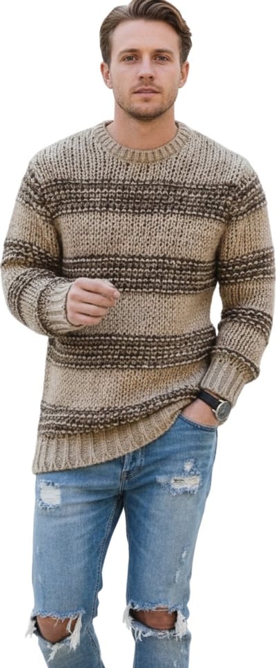 Wol Gebreide Trui Fashion - Heren Sweater - Oversized - Beige Bruin - Gestreept