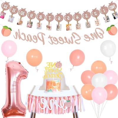 Verjaardagsdecoraties set - Perzik thema - Eerste verjaardag - Compleet feestpakket - 16 ballonnen - Roze perzik