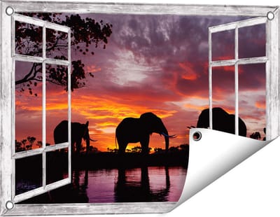 Gards Tuinposter Doorkijk Olifanten tijdens Zonsondergang - Silhouet - 60x40 cm - Tuindoek - Tuindecoratie - Wanddecoratie buiten - Tuinschilderij