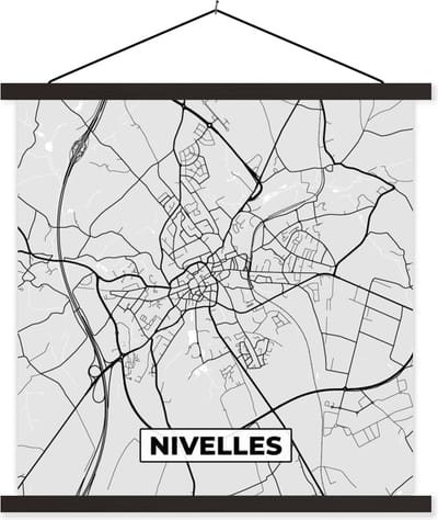 Posterhanger incl. Poster 60x60 cm - Schoolplaat - Stadskaart – Zwart Wit - Kaart – Nivelles – België – Plattegrond - Textielposter - Zwarte latten - Stadskaart