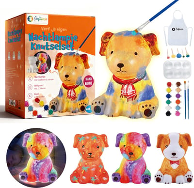 Craftiverse – Paint Your Own Lamp – Knutselset Nachtlampje Kinderen – Schilderen - Hond Editie – Knutselen Voor Kinderen - Verf je eigen Nachtlampje – Inclusief Verf, Penselen, Sponsjes, Schort & Sjablonen
