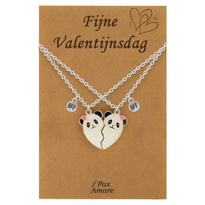 Koppel Ketting voor 2 'Fijne Valentijnsdag' - Magnetisch Hartje Panda's - Vriendschapsketting op Cadeau Kaartje - 45cm + 5cm verstelbaar - Zilverkleurig - BFF Hanger - Pax Amare