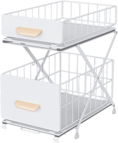 Kruidenopslag, 2 etages, metalen spoelbakonderkast, organizer, uitglijden, uittrekbaar opbergrek, organizer voor keuken, schoonmaakmiddelen, in hoogte verstelbaar, 1 stuk (wit)
