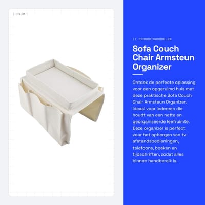 Dailygoods - Sofa Couch Chair Armsteun Organizer - Antislip Armsteun Organizer - Beige - Opbergbak voor Afstandsbediening - Geschikt voor Bank of Tafe...