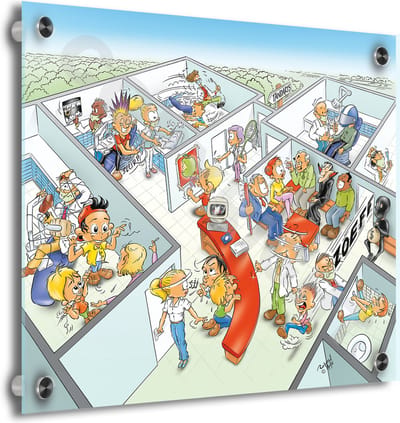 Tandarts Cartoon op plexiglas - Uniek ontwerp - Roland Hols - Tandartsenpraktijk 1 - 40 x 40 cm - 5 mm dik - inclusief 4 afstandhouders chroom (zilverkleurig) - Decoratie - Orthodontist - Mondhygiënist