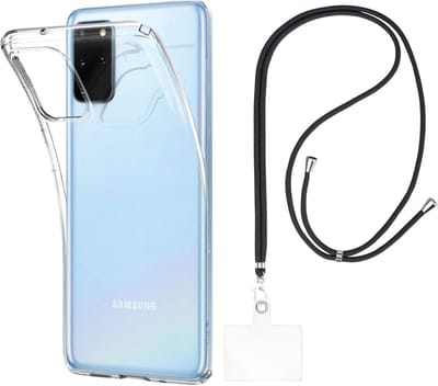 Set met hoesje en nekband voor Samsung Galaxy s20 plus - Flexibele, transparante TPU-bescherming, verstelbare universele nekband voor mobiele telefoons, zwarte nekband, transparante draagriem van Phonillico®