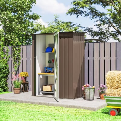 Wishdor - Tuinschuur - Schuin Dak - Afsluitbare Deur - Voor Tuinopslag - Metaal - Bruin - 142 X 84 X 189 Cm