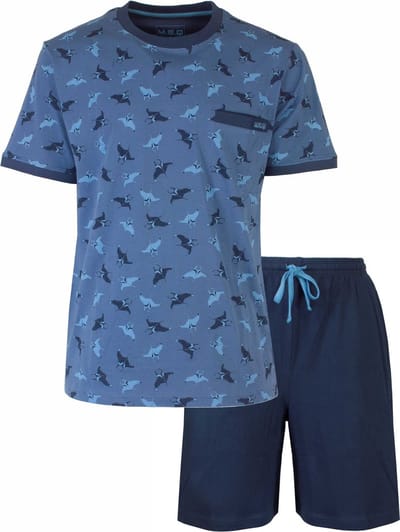 MEQ Heren Shortama - Geprint Dessin - Ronde Hals - Licht Blauw - Maat M
