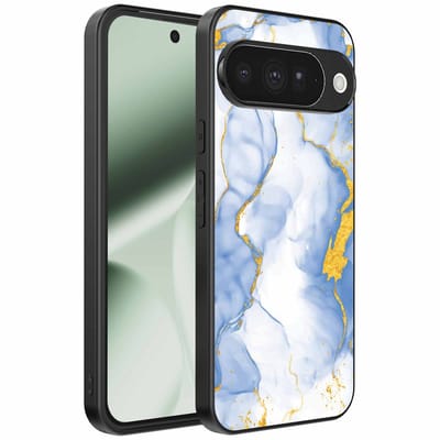 Geschikt voor Google Pixel 10 Telefoonhoesje met Lichtblauw Goud Marmer Opdruk - TPU Backcover Case Lightblue Gold Marble Design - Smartphonica geschikt voor Google Pixel 10