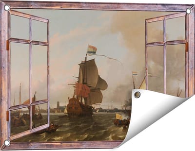 Gards Tuinposter Doorkijk Het Oorlogsschip Brielle op de Maas voor Rotterdam - Ludolf Bakhuysen - 60x40 cm - Tuindoek - Tuindecoratie - Wanddecoratie buiten - Tuinschilderij