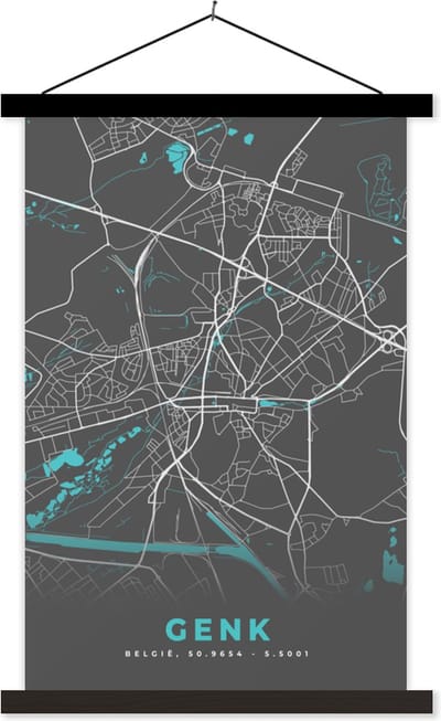 Posterhanger incl. Poster 40x60 cm - Schoolplaat - Kaart – Plattegrond – Stadskaart – Genk – België - Grijs - Textielposter - Zwarte latten - Stadskaart