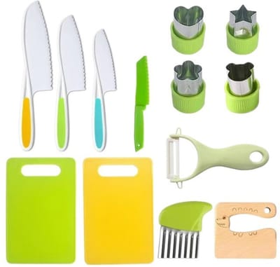 Keukengerei Set met - 13-delige messenset - Kindvriendelijke plastic keukenbenodigdheden - Geschikt voor jongens en meisjes vanaf 4 jaar- keuken- keuken accessoires (stijl D)