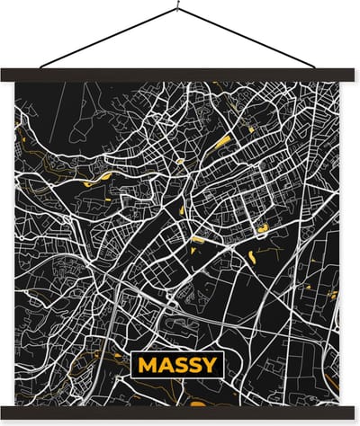 Posterhanger incl. Poster 60x60 cm - Schoolplaat - Kaart – Stadskaart – Massy - Plattegrond – Frankrijk - Textielposter - Zwarte latten - Stadskaart