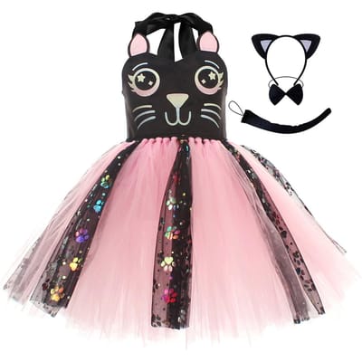 Robe Tutu Chat Noir Rose pour Bébés Filles Déguisement Halloween Costume Animal Kitty Tenue d'Anniversaire avec Oreilles Oreilles Nœud Papillon Queue M(4-5T) pink