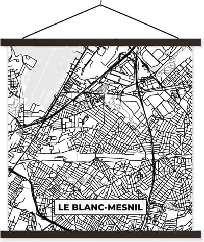 Posterhanger incl. Poster 60x60 cm - Schoolplaat - Kaart - Stadskaart - Frankrijk - Le Blanc-Mesnil - Plattegrond - Zwart wit - Textielposter - Zwarte latten - Stadskaart