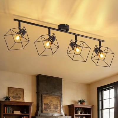 Glitzerlife - Plafondspot Plafondlamp - 4x E14 Opbouwspots - draaibaar 90° & 350° verstelbaar - Vintage metalen plafondlamp Ø86,8cm voor woonkamer slaapkamer hal keuken zwart