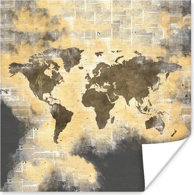 Poster 30x30 cm - Wereldkaart - Abstract - Kranten - Posters - Kamer decoratie - Wanddecoratie woonkamer - Muurdecoratie slaapkamer